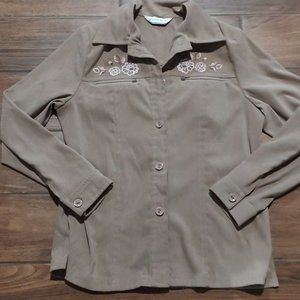 Allison Daley M floral broidered pink brown button down shacker jacket b…